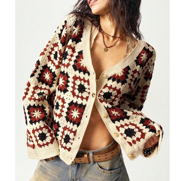 Cozy Crochet Patchwork Button Down Oversized Cardigan - Picture 5 of 7